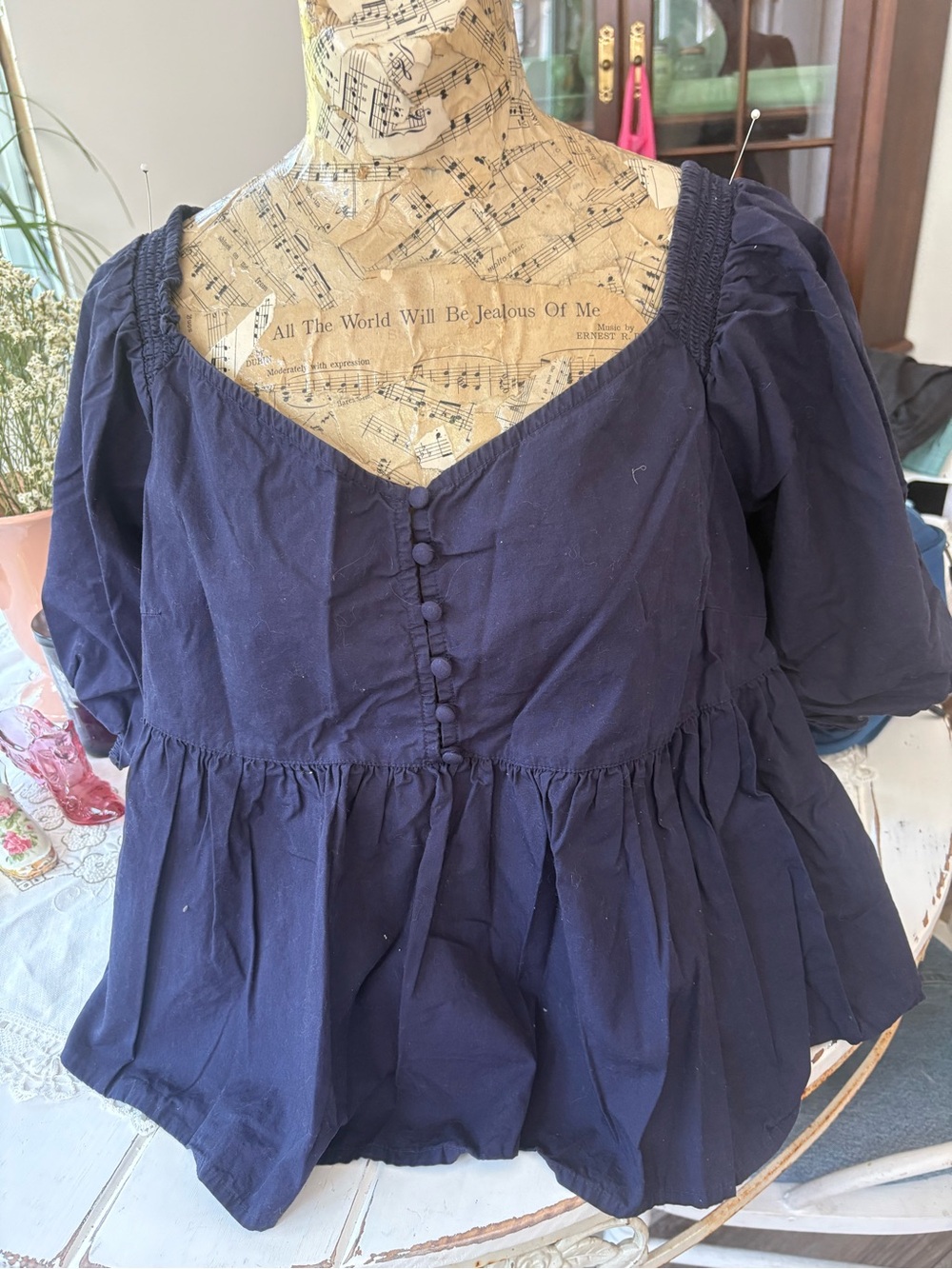 Free People Navy Puff-Sleeve Peplum Crop Top
